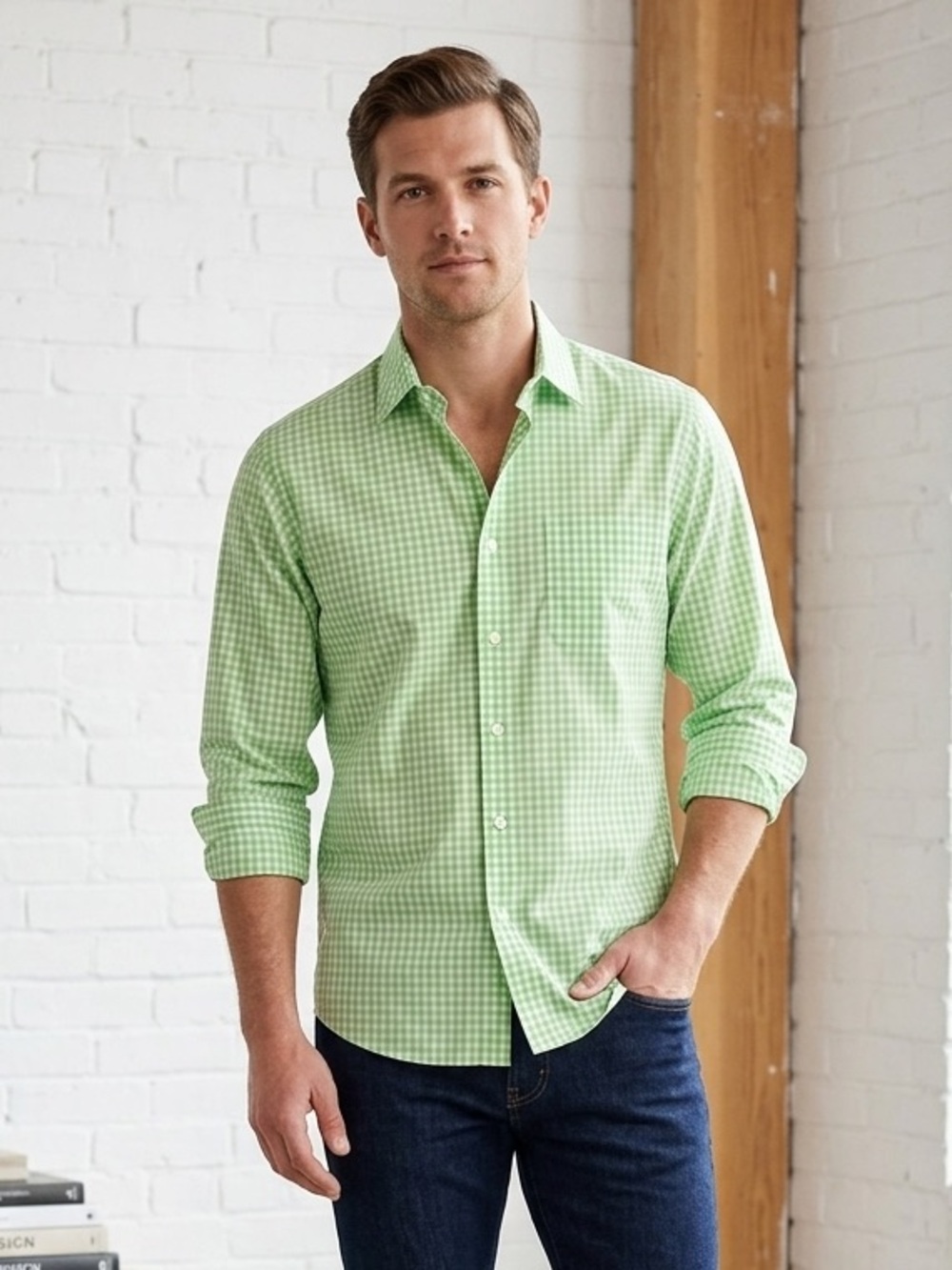Men's Light Green Gingham Dress Shirt